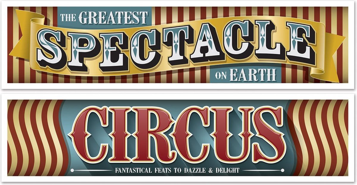 360 DEGREES - Set van 2 circus banners 1,5 m - Decoratie > Muur-, deur- en raamdecoratie